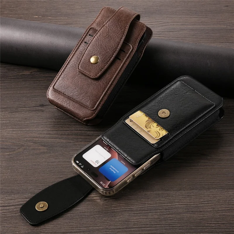 Étui de téléphone de 6,7 - 6,9 pouces avec porte-cartes vertical en cuir PU, bandes élastiques latérales, étui de ceinture - Café