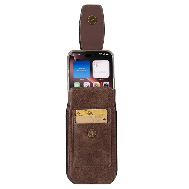 Étui de téléphone de 6,7 - 6,9 pouces avec porte-cartes vertical en cuir PU, bandes élastiques latérales, étui de ceinture - Café