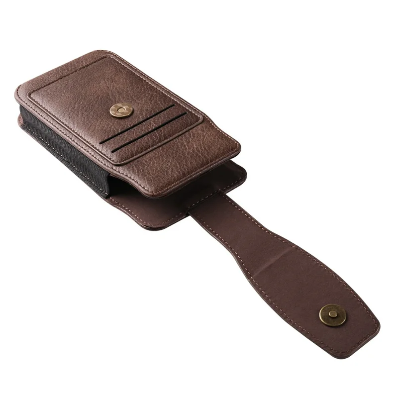 Étui de téléphone de 6,7 - 6,9 pouces avec porte-cartes vertical en cuir PU, bandes élastiques latérales, étui de ceinture - Café