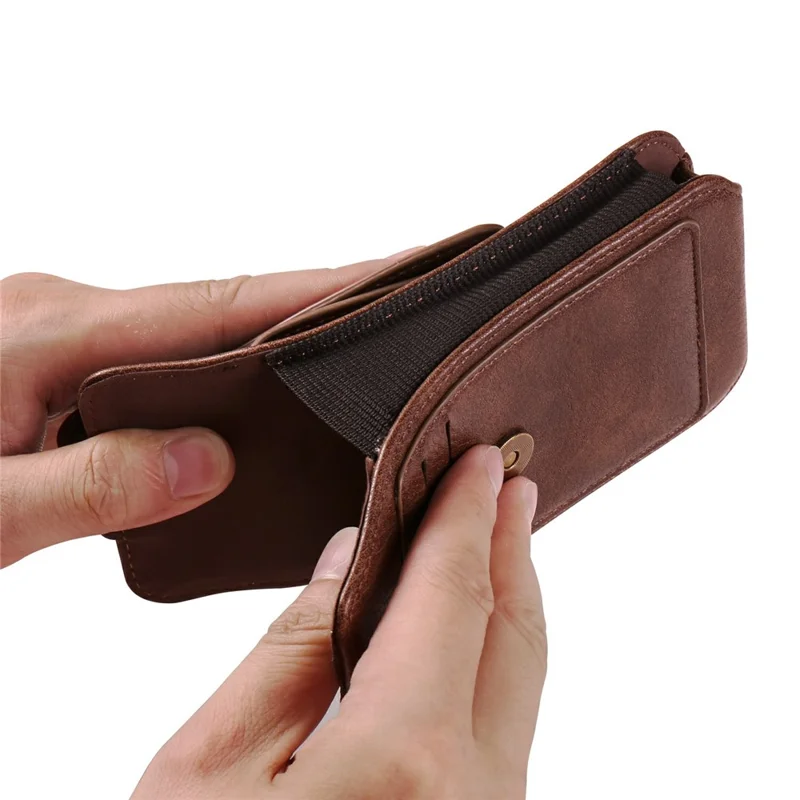 Étui de téléphone de 6,7 - 6,9 pouces avec porte-cartes vertical en cuir PU, bandes élastiques latérales, étui de ceinture - Café
