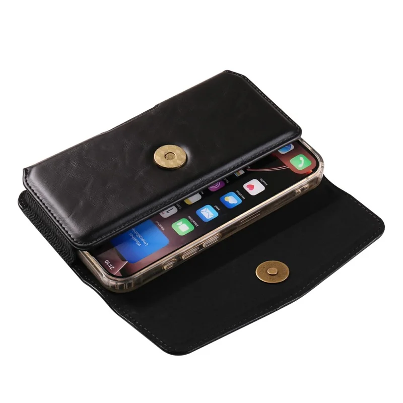 Pochette de ceinture universelle en cuir PU pour smartphones de 6,7 à 6,9 pouces, design horizontal, étui support de téléphone - Noir