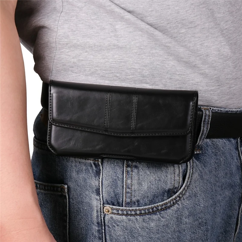 Pochette de ceinture universelle en cuir PU pour smartphones de 6,7 à 6,9 pouces, design horizontal, étui support de téléphone - Noir