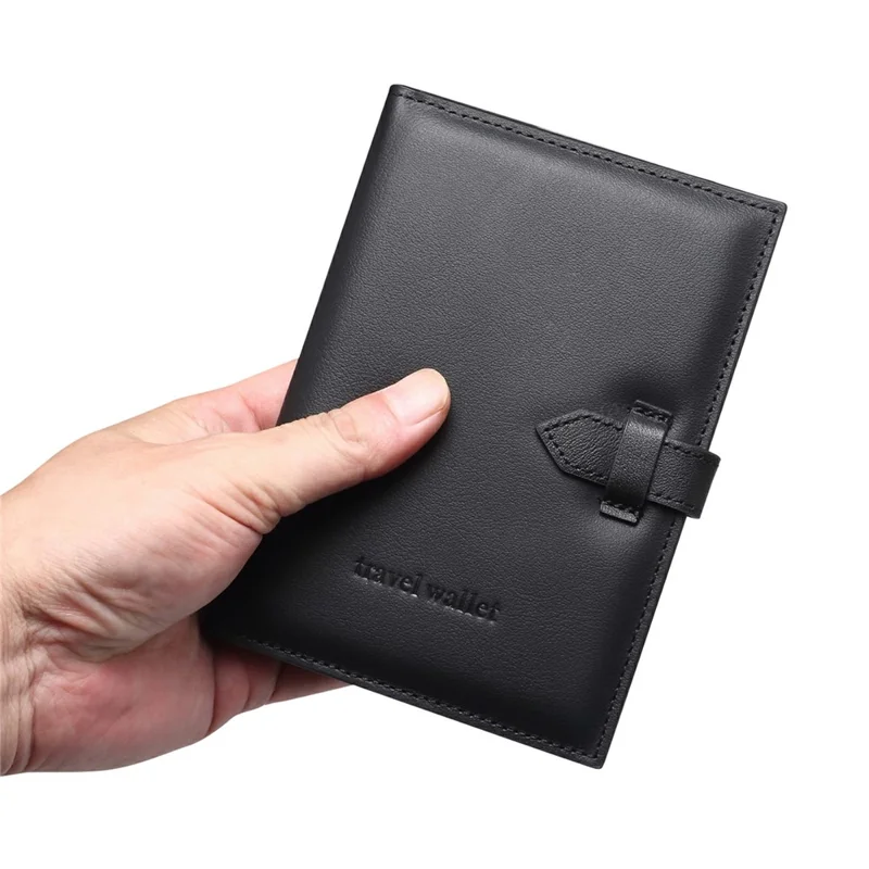 Bolsa de Almacenamiento de Pasaporte de Cuero Genuino de Vaca Organizador de Cartera de Viaje Multifuncional Soporte de Tarjetas y Billetes - Negro