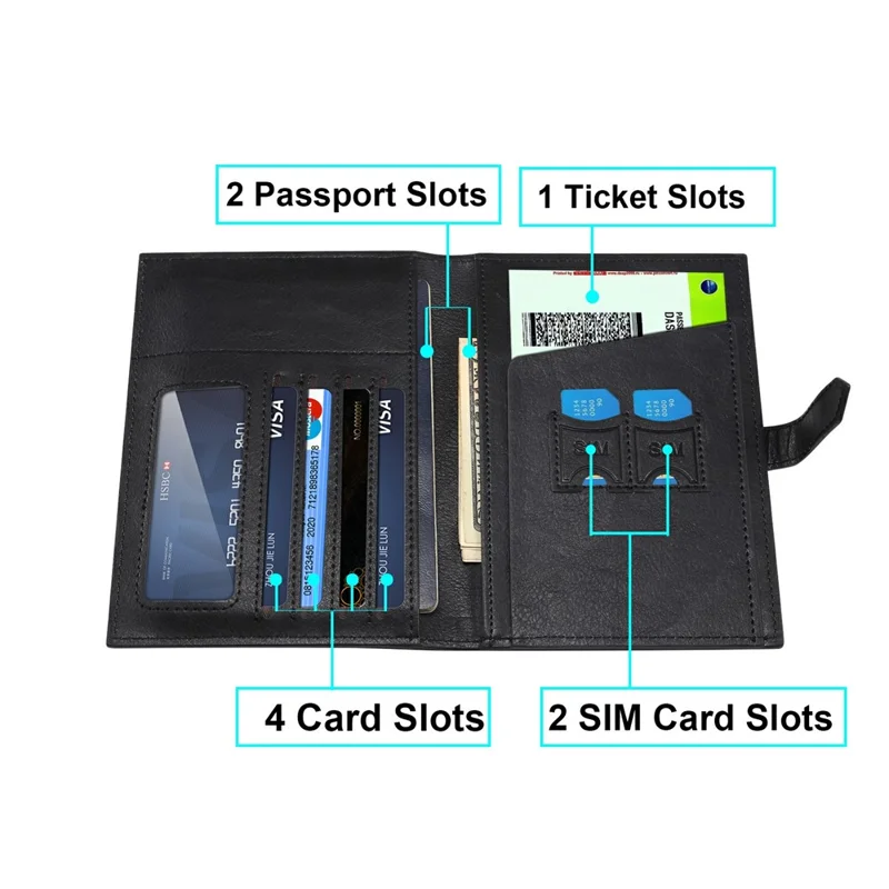 Bolsa de Almacenamiento de Pasaporte de Cuero Genuino de Vaca Organizador de Cartera de Viaje Multifuncional Soporte de Tarjetas y Billetes - Negro