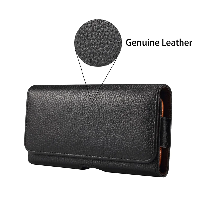 6.5 inch Phone Case Universal Genuine Cow Leather Belt Clip Holster Phone Bag - Black
