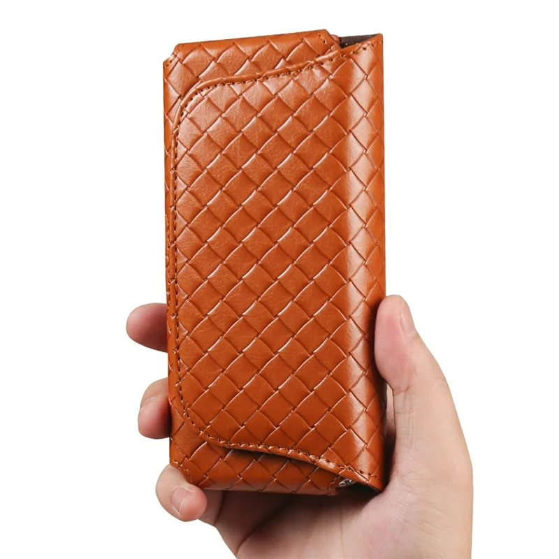 Universal PU Leather Waist Bag For 6.7-6.9 inches Phone Woven Pattern Horizontal Phone Pouch with Card Holder - Light Brown