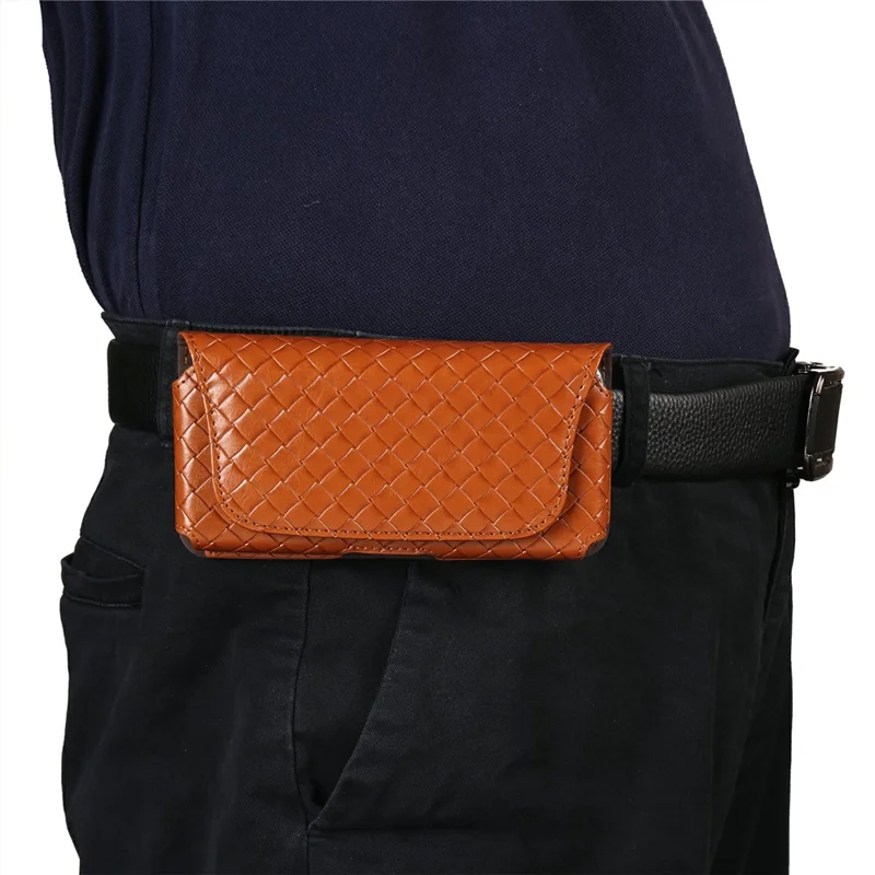 Universal PU Leather Waist Bag For 6.7-6.9 inches Phone Woven Pattern Horizontal Phone Pouch with Card Holder - Light Brown