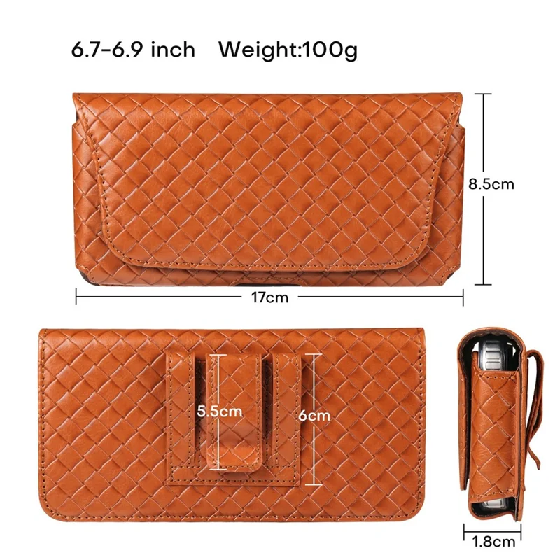 Universal PU Leather Waist Bag For 6.7-6.9 inches Phone Woven Pattern Horizontal Phone Pouch with Card Holder - Light Brown
