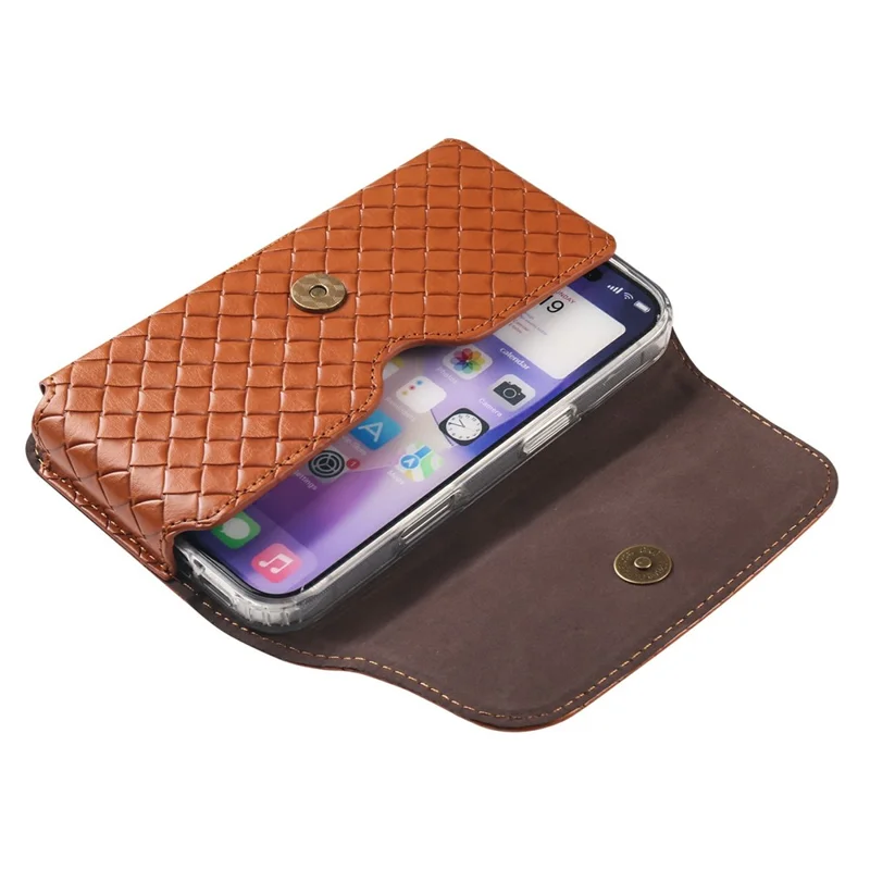 Universal PU Leather Waist Bag For Under 6.5 inches Phone Woven Pattern Horizontal Phone Pouch with Card Holder - Light Brown