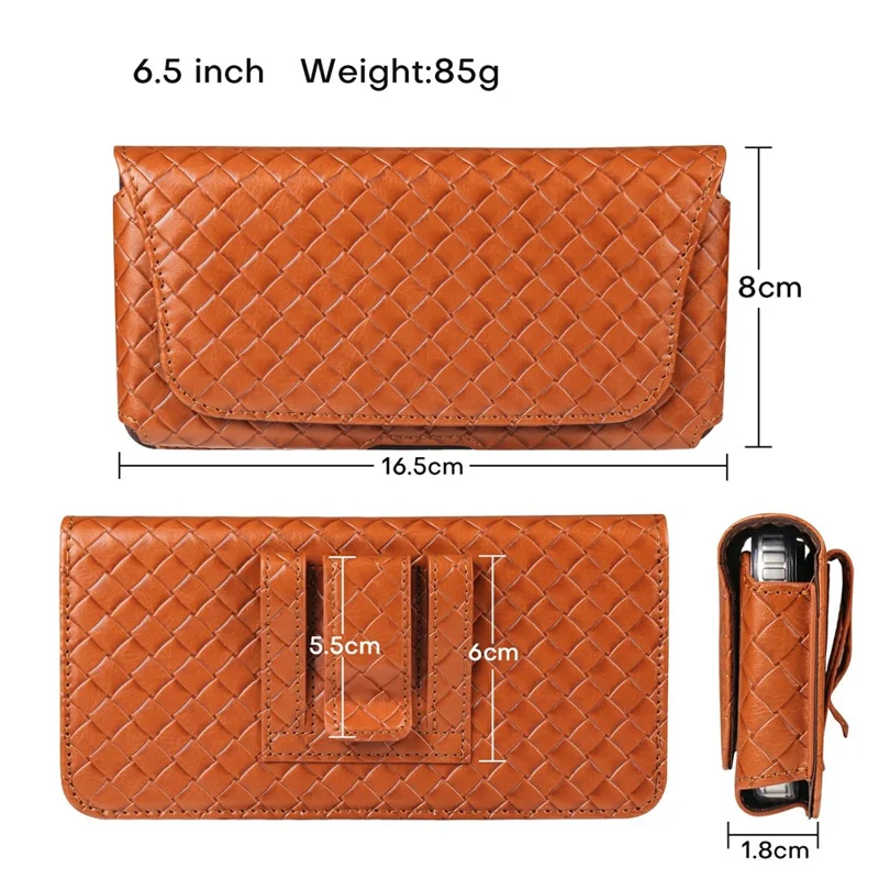 Universal PU Leather Waist Bag For Under 6.5 inches Phone Woven Pattern Horizontal Phone Pouch with Card Holder - Light Brown