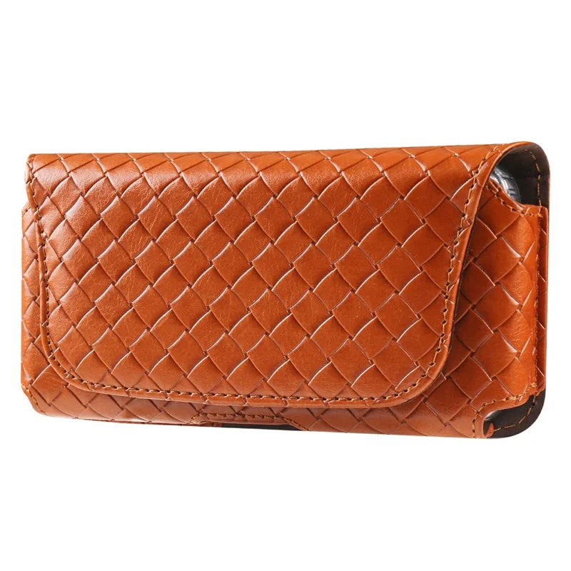 Universal PU Leather Waist Bag For 6.1-6.3 inches Phone Woven Pattern Horizontal Phone Pouch with Card Holder - Light Brown