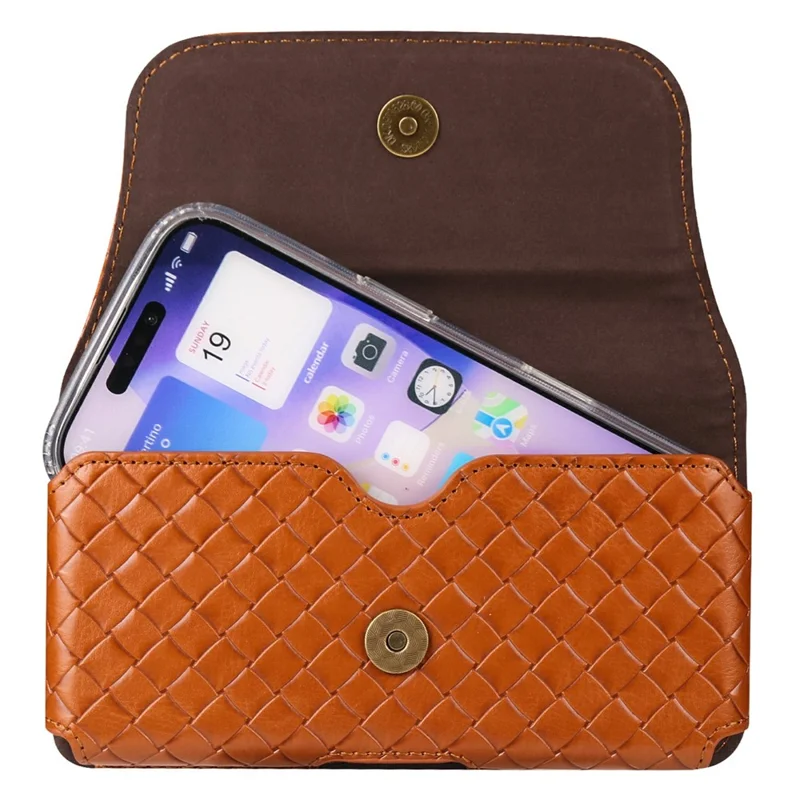 Universal PU Leather Waist Bag For 6.1-6.3 inches Phone Woven Pattern Horizontal Phone Pouch with Card Holder - Light Brown