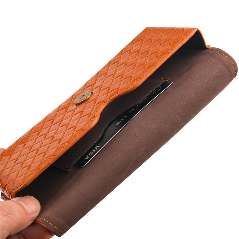 Universal PU Leather Waist Bag For 6.1-6.3 inches Phone Woven Pattern Horizontal Phone Pouch with Card Holder - Light Brown