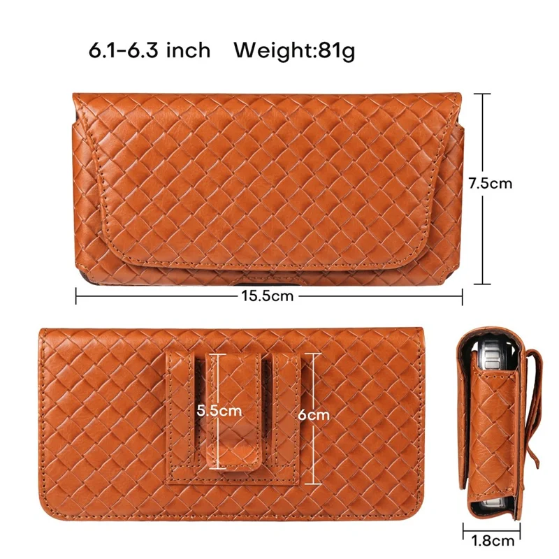 Universal PU Leather Waist Bag For 6.1-6.3 inches Phone Woven Pattern Horizontal Phone Pouch with Card Holder - Light Brown