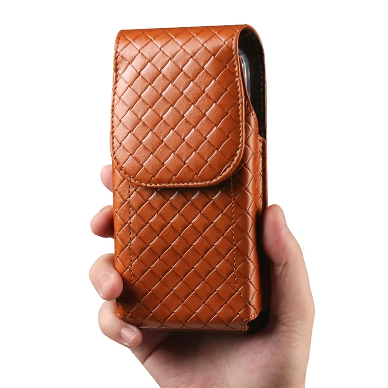 Universal PU Leather Waist Bag For Under 7.2 inches Phone Woven Pattern Vertical Phone Pouch with Card Holder - Light Brown