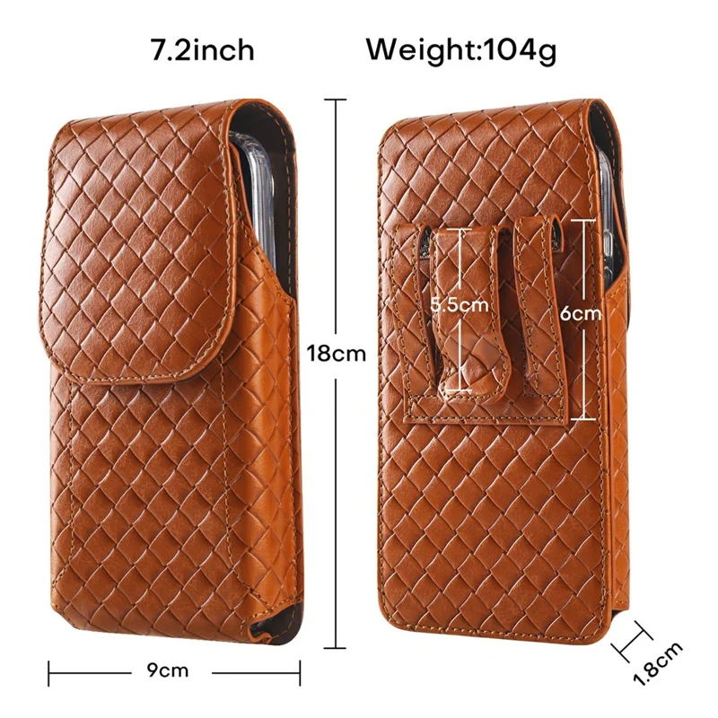 Universal PU Leather Waist Bag For Under 7.2 inches Phone Woven Pattern Vertical Phone Pouch with Card Holder - Light Brown
