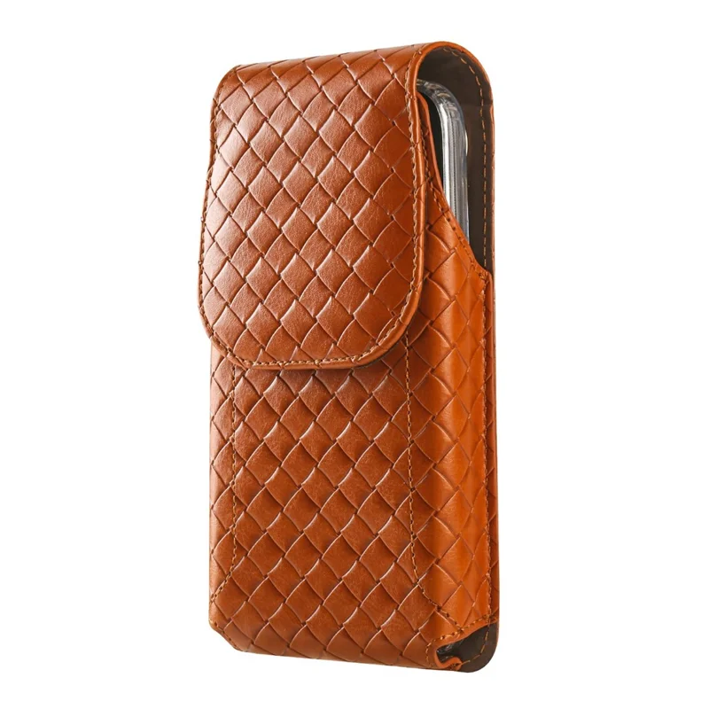 Universal PU Leather Waist Bag For 6.7-6.9 inches Phone Woven Pattern Vertical Phone Pouch with Card Holder - Light Brown