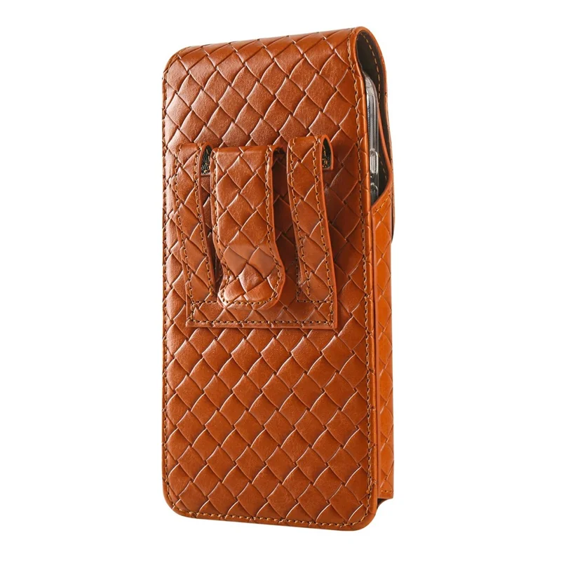 Universal PU Leather Waist Bag For 6.7-6.9 inches Phone Woven Pattern Vertical Phone Pouch with Card Holder - Light Brown