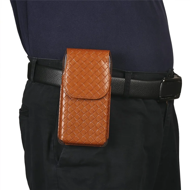 Universal PU Leather Waist Bag For 6.7-6.9 inches Phone Woven Pattern Vertical Phone Pouch with Card Holder - Light Brown