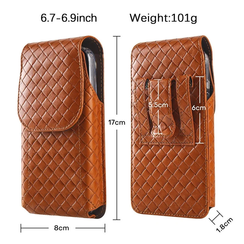 Universal PU Leather Waist Bag For 6.7-6.9 inches Phone Woven Pattern Vertical Phone Pouch with Card Holder - Light Brown