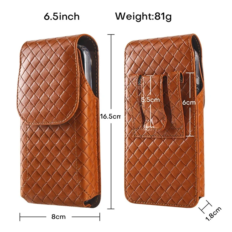 Universal PU Leather Waist Bag For Under 6.5 inches Phone Woven Pattern Vertical Phone Pouch with Card Holder - Light Brown
