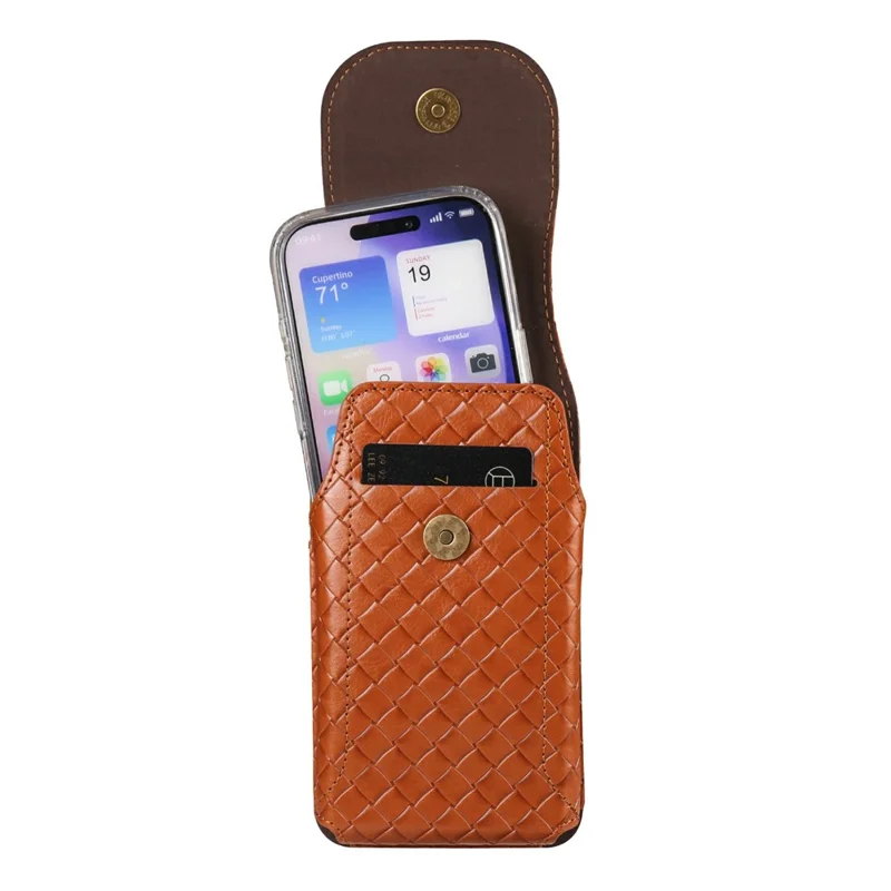 Universal PU Leather Waist Bag For 6.1-6.3 inches Phone Woven Pattern Vertical Phone Pouch with Card Holder - Light Brown