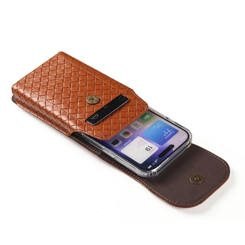 Universal PU Leather Waist Bag For 6.1-6.3 inches Phone Woven Pattern Vertical Phone Pouch with Card Holder - Light Brown