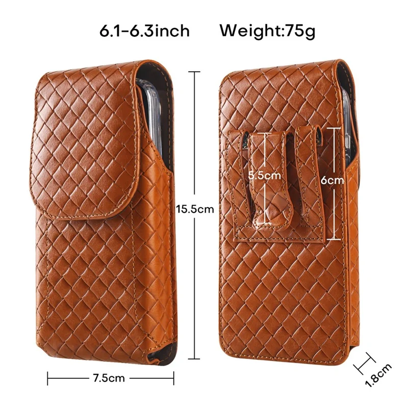 Universal PU Leather Waist Bag For 6.1-6.3 inches Phone Woven Pattern Vertical Phone Pouch with Card Holder - Light Brown