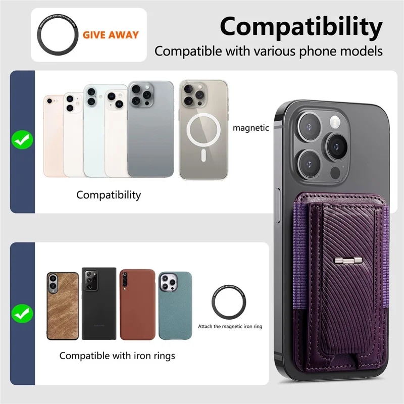 MC-W38 Magnetic Card Holder Kickstand PU Leather Retro Card Case - Purple