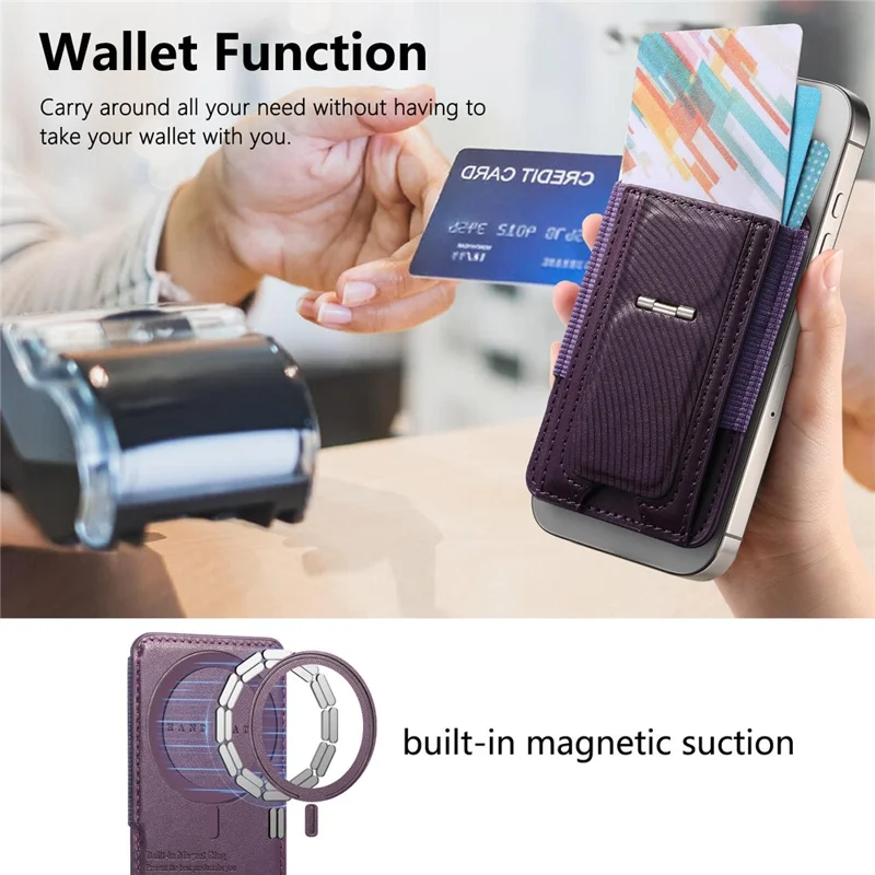 MC-W38 Magnetic Card Holder Kickstand PU Leather Retro Card Case - Purple