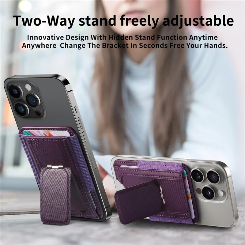 MC-W38 Magnetic Card Holder Kickstand PU Leather Retro Card Case - Purple