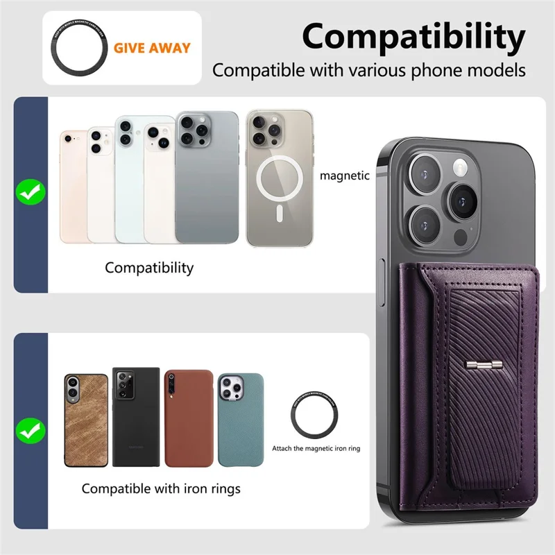 MC-W37 PU Leather Card Holder Kickstand Magnetic Card Case - Purple