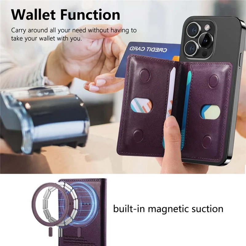 MC-W37 PU Leather Card Holder Kickstand Magnetic Card Case - Purple