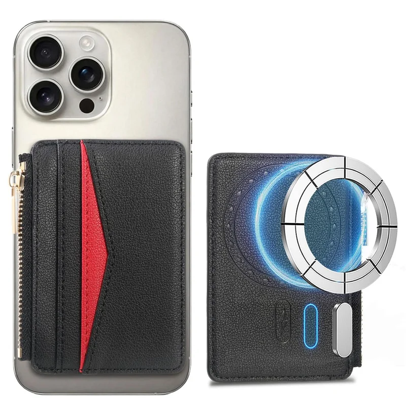 MC-W31 Magnetic Zipper Card Holder PU Leather Color-Block Card Pocket - Black