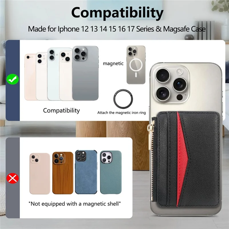 MC-W31 Magnetic Zipper Card Holder PU Leather Color-Block Card Pocket - Black