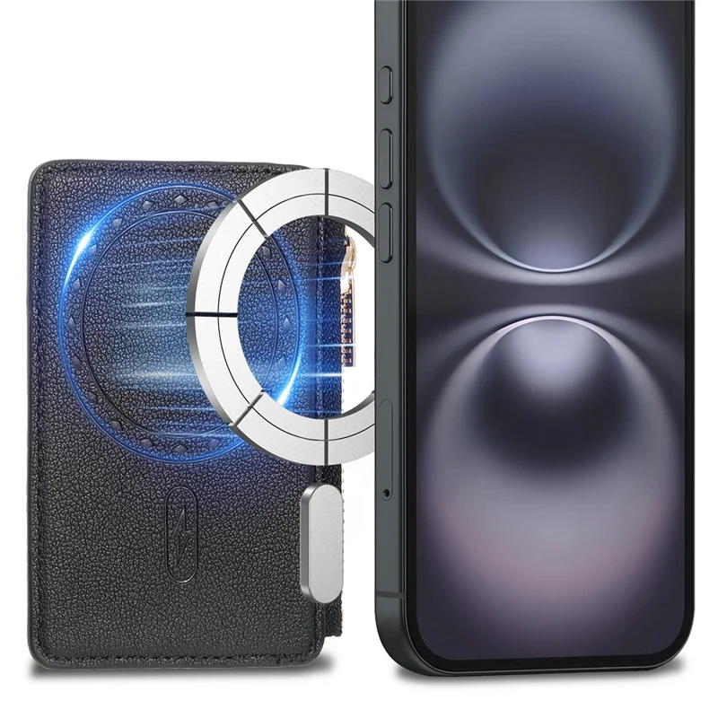 MC-W31 Magnetic Zipper Card Holder PU Leather Color-Block Card Pocket - Black