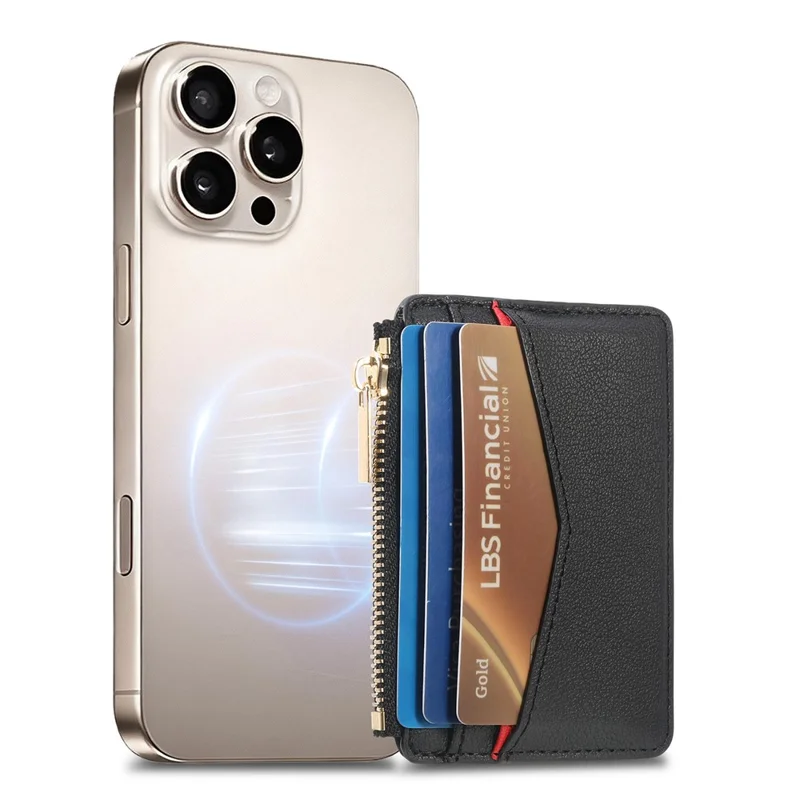 MC-W31 Magnetic Zipper Card Holder PU Leather Color-Block Card Pocket - Black