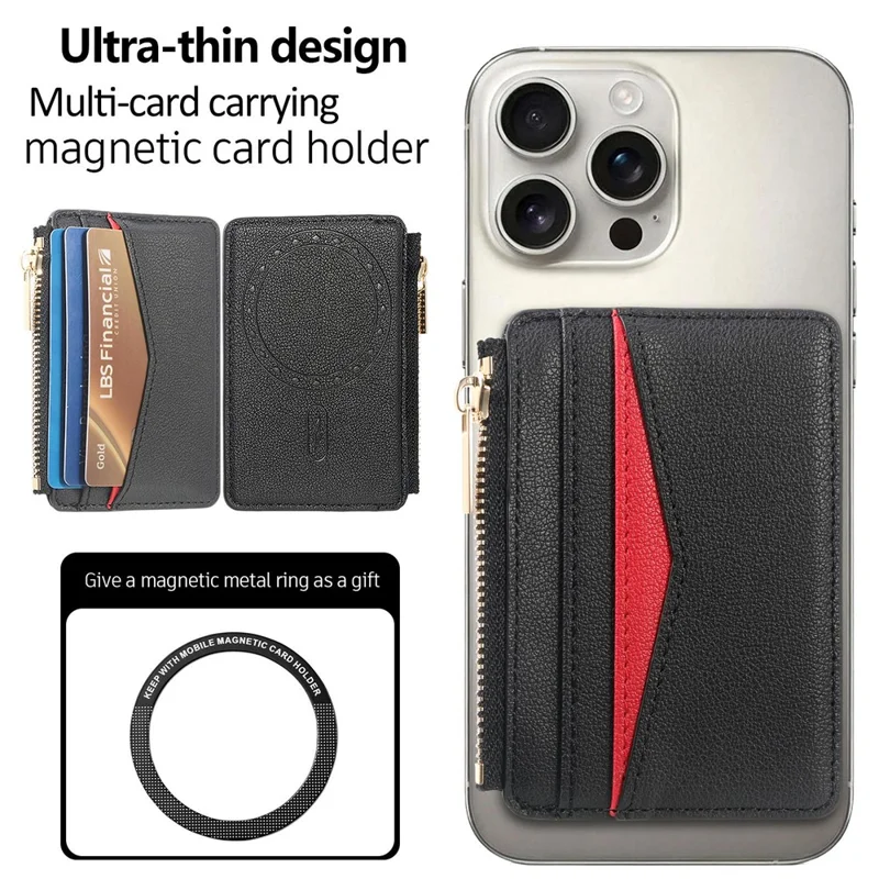 MC-W31 Magnetic Zipper Card Holder PU Leather Color-Block Card Pocket - Black
