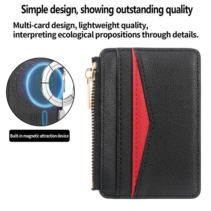 MC-W31 Magnetic Zipper Card Holder PU Leather Color-Block Card Pocket - Black