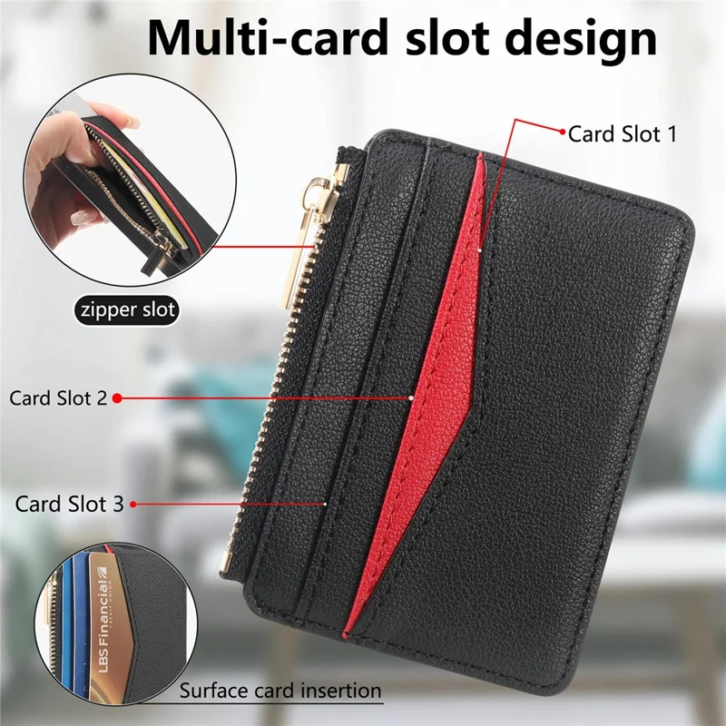 MC-W31 Magnetic Zipper Card Holder PU Leather Color-Block Card Pocket - Black