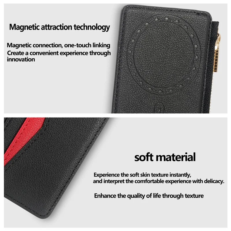 MC-W31 Magnetic Zipper Card Holder PU Leather Color-Block Card Pocket - Black