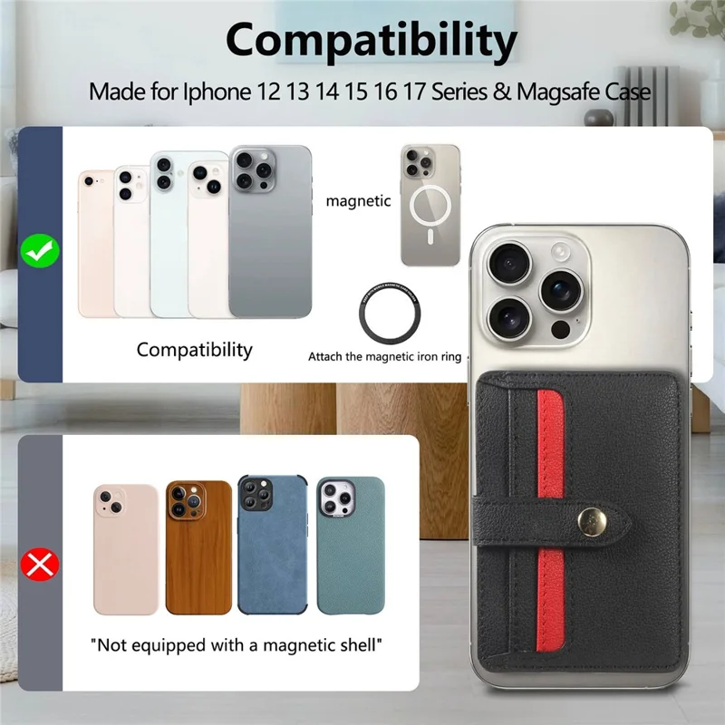 MC-W30 Magnetic Card Holder Button PU Leather Card Bag - Black