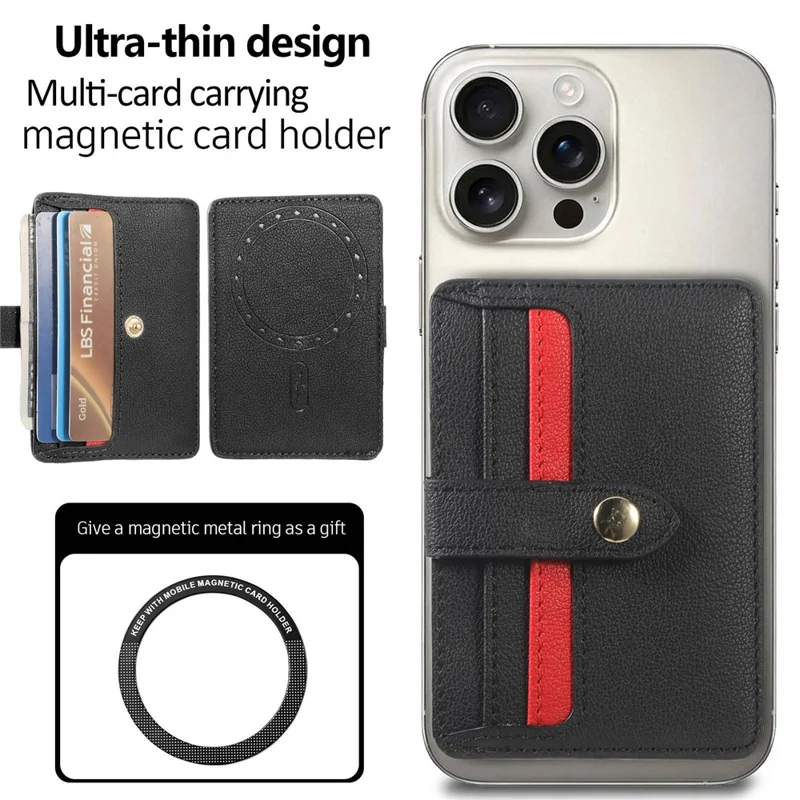 MC-W30 Magnetic Card Holder Button PU Leather Card Bag - Black