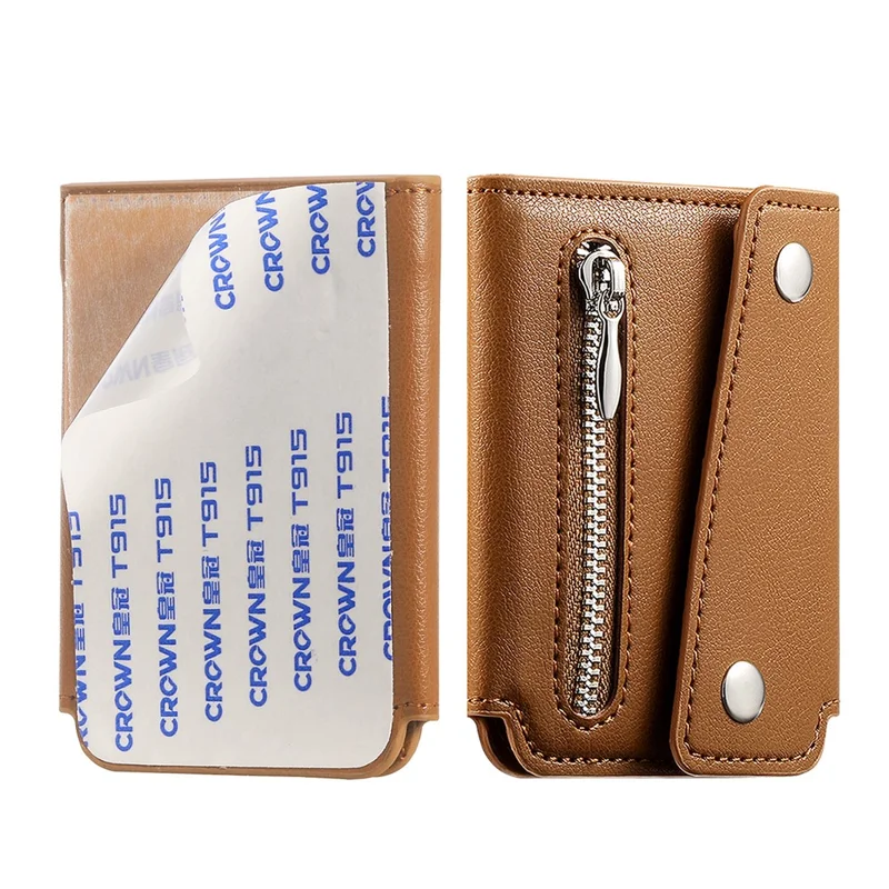 KB-78 Leather Wallet Phone Case Adhesive Card Holder Flip Leather Zipper Wallet Pouch - Brown