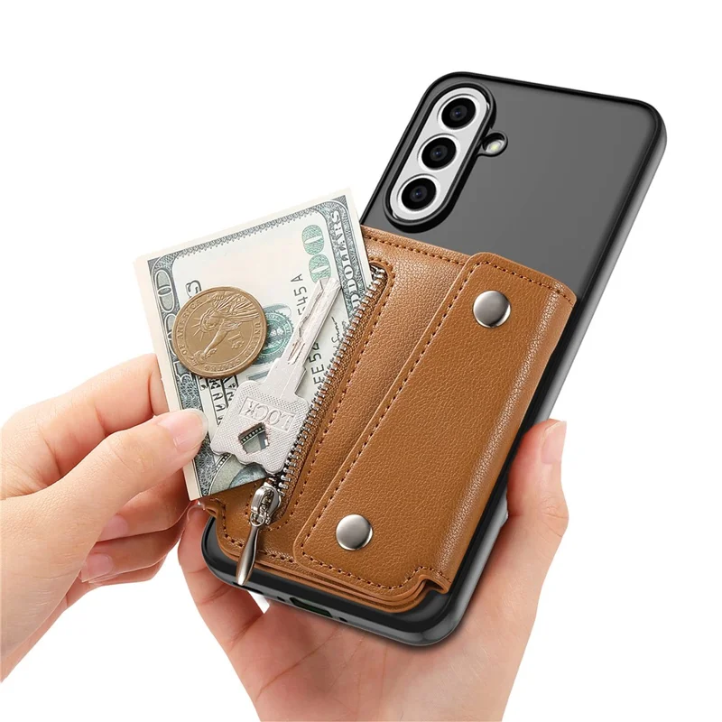 KB-78 Leather Wallet Phone Case Adhesive Card Holder Flip Leather Zipper Wallet Pouch - Brown