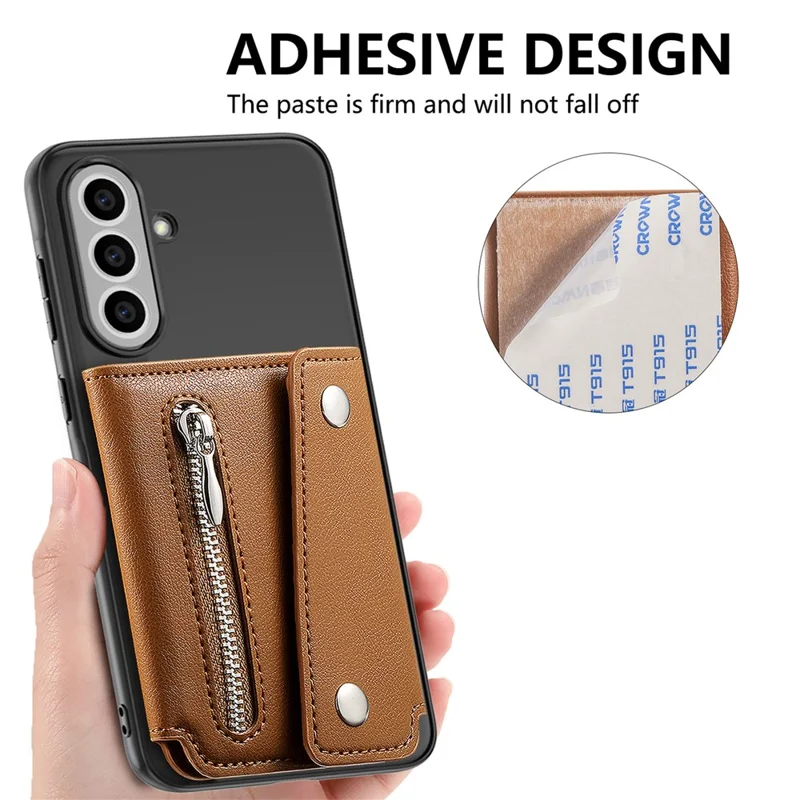 KB-78 Leather Wallet Phone Case Adhesive Card Holder Flip Leather Zipper Wallet Pouch - Brown