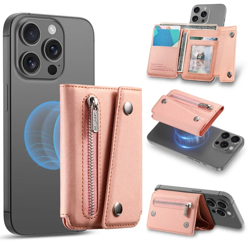 MC-W40 Twill Cloth Texture PU Leather Magnetic Wallet Card Holder Zippered Coin Pouch - Pink