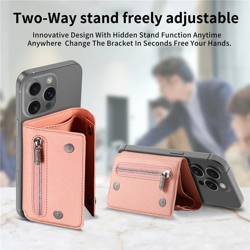 MC-W40 Twill Cloth Texture PU Leather Magnetic Wallet Card Holder Zippered Coin Pouch - Pink