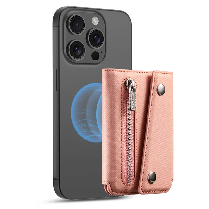 MC-W40 Twill Cloth Texture PU Leather Magnetic Wallet Card Holder Zippered Coin Pouch - Pink