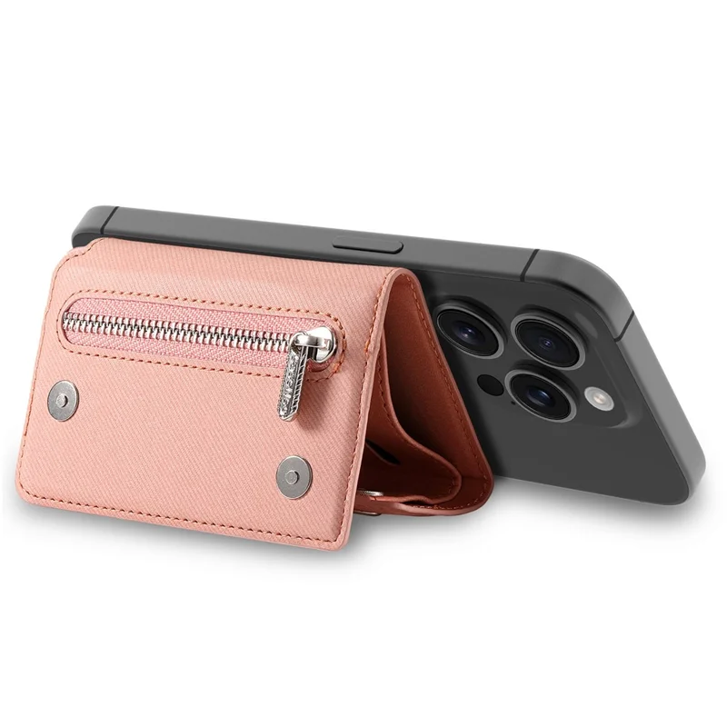 MC-W40 Twill Cloth Texture PU Leather Magnetic Wallet Card Holder Zippered Coin Pouch - Pink
